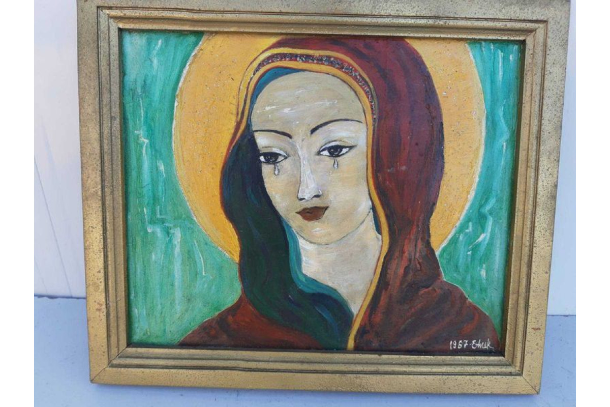 Старинна картина с рамка Елена Николова 1967г Плачещата Дева