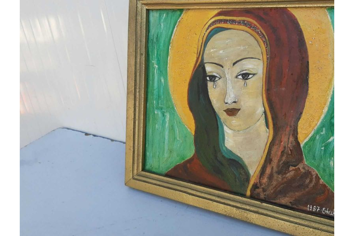 Старинна картина с рамка Елена Николова 1967г Плачещата Дева