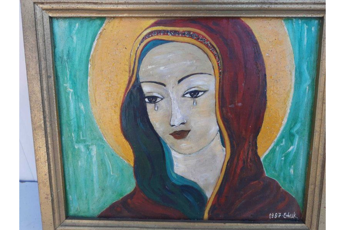 Старинна картина с рамка Елена Николова 1967г Плачещата Дева