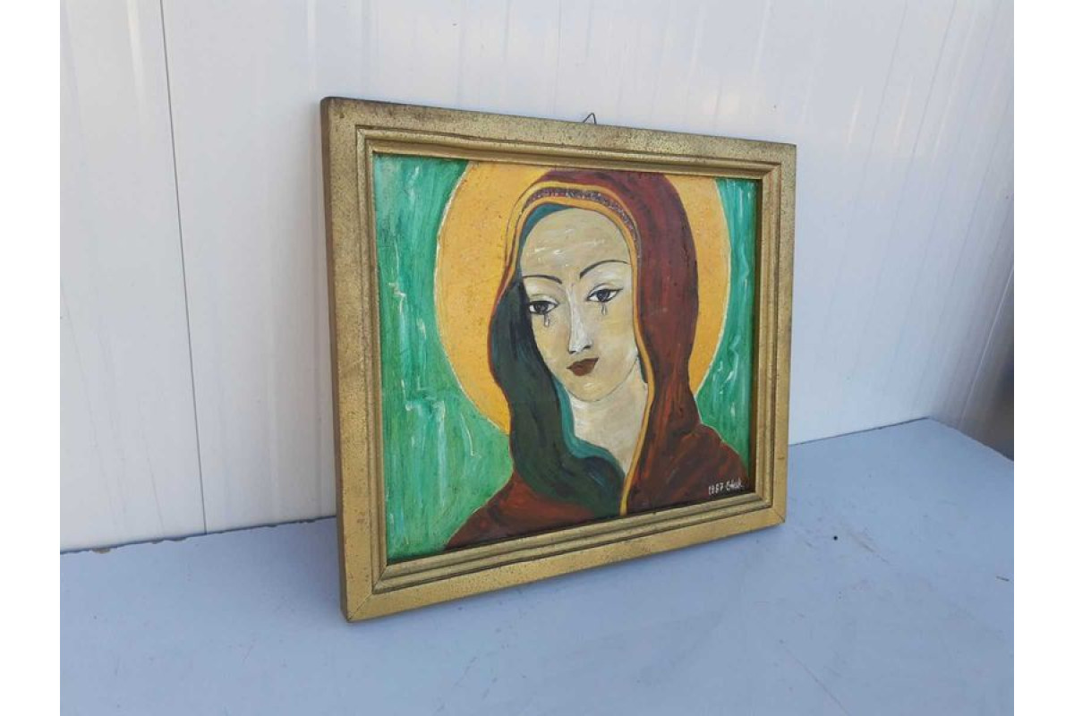 Старинна картина с рамка Елена Николова 1967г Плачещата Дева