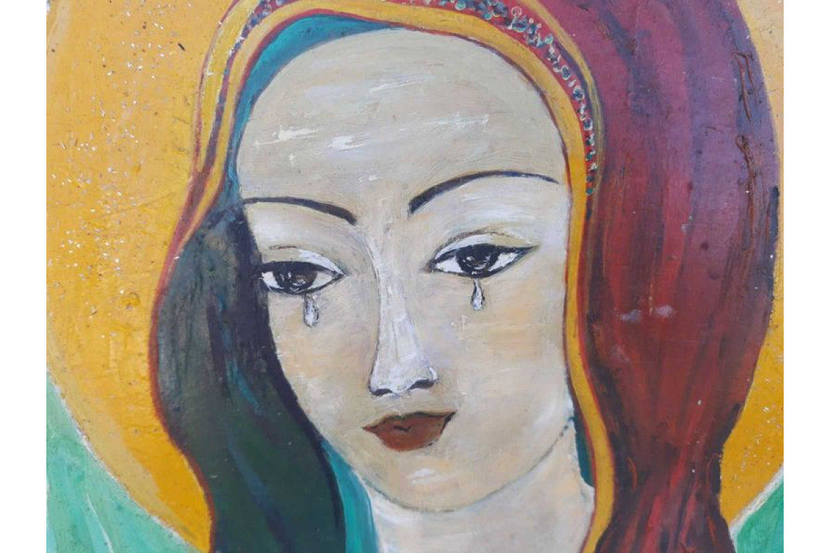 Старинна картина с рамка Елена Николова 1967г Плачещата Дева