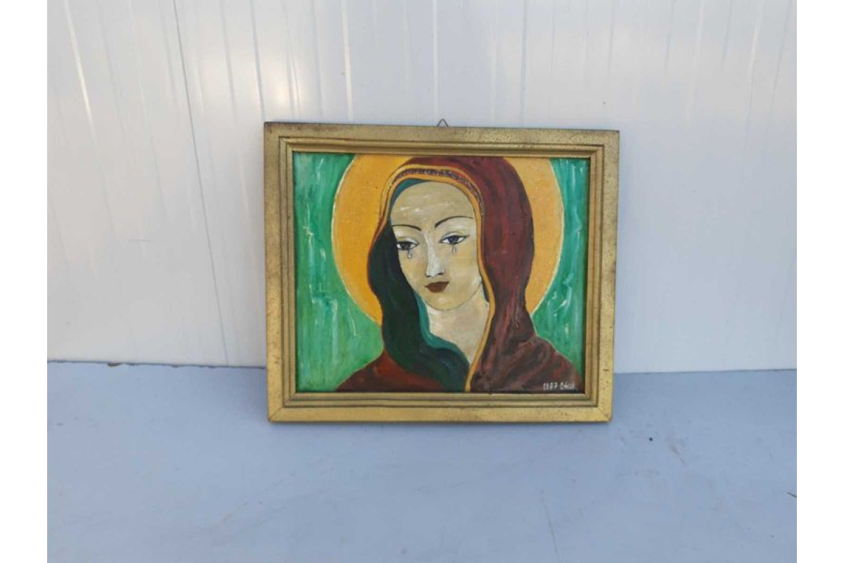 Старинна картина с рамка Елена Николова 1967г Плачещата Дева
