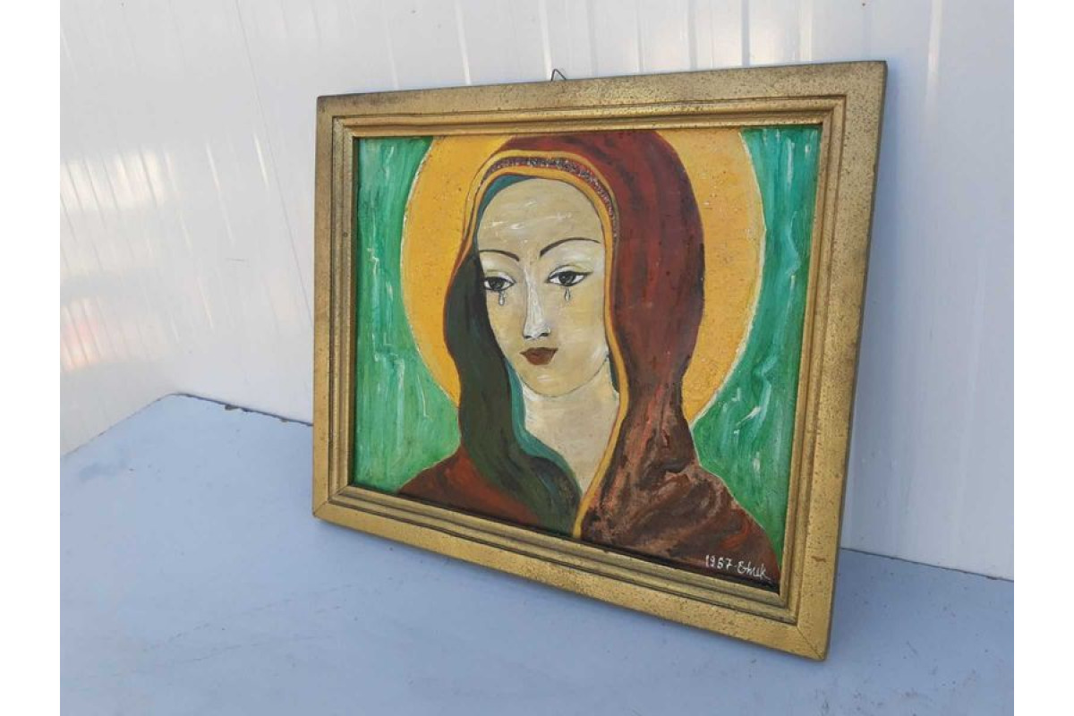 Старинна картина с рамка Елена Николова 1967г Плачещата Дева